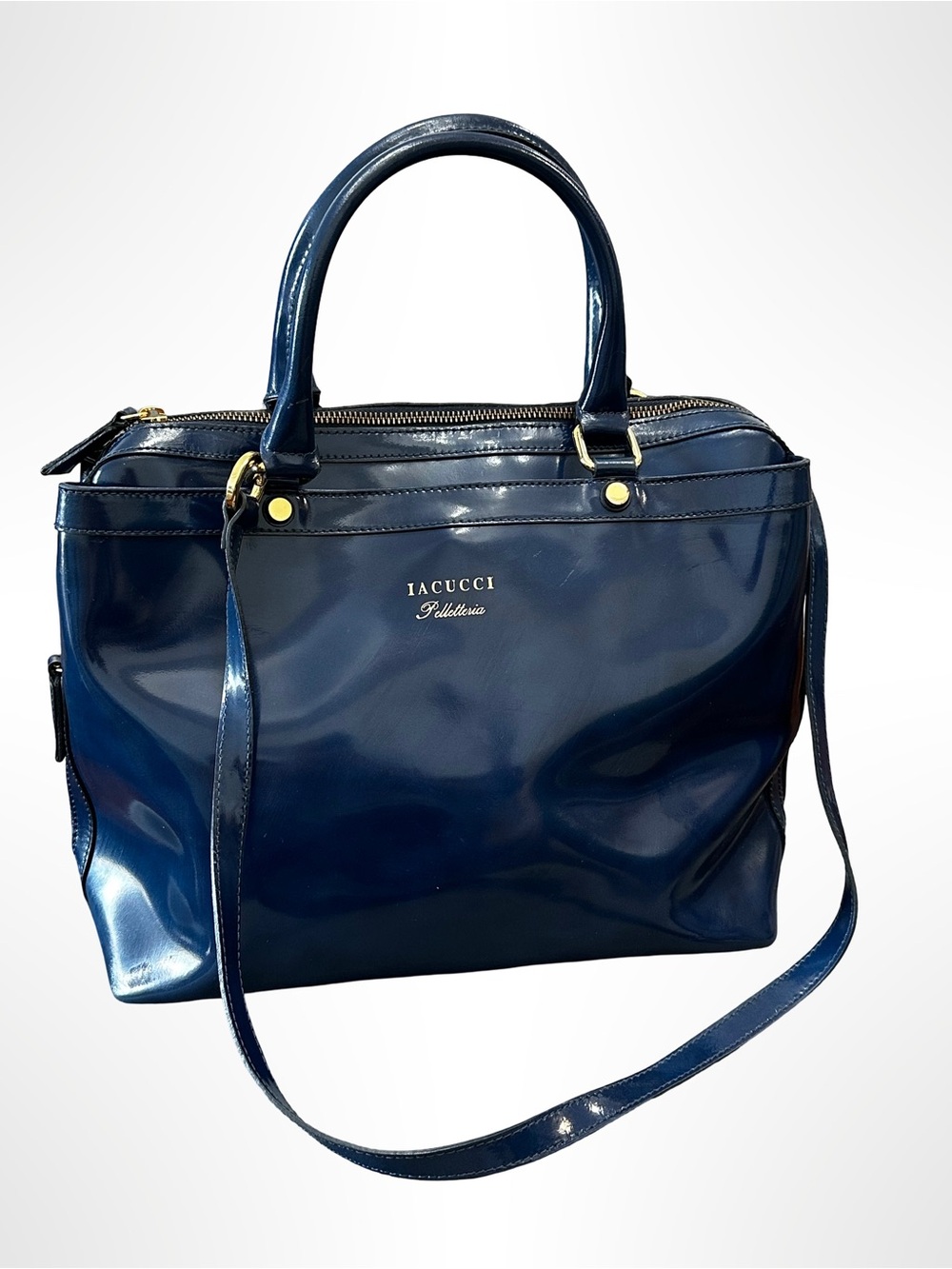 IACUCCI Pelletteria Navy Blue Patent Leather Satchel Crossbody Tote Bag Italy